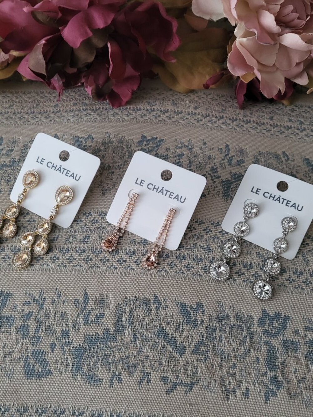 LE CHATEAU Set of 3 Crystal Dangle Statement Earrings Gold Silver Rose